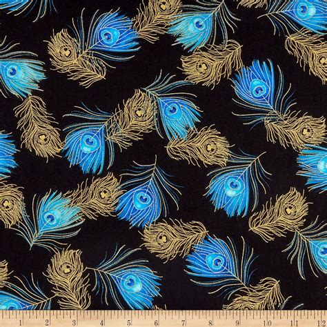 Timeless Treasures Metallic Royal Plume Peacock Feathers Black Fabric By The Yard