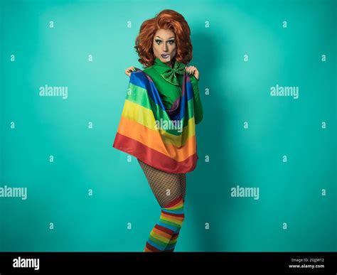 Happy Drag Queen Celebrating Gay Pride Holding Rainbow Flag Lgbtq