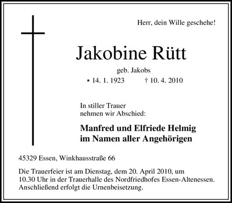 Traueranzeigen Von Jakobine R Tt Trauer In Nrw De