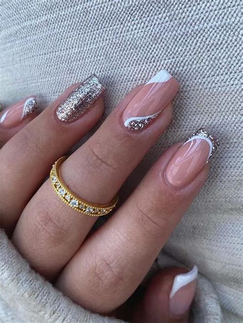 Fake Nails French Short Fake Nails French Manicure With Glitter