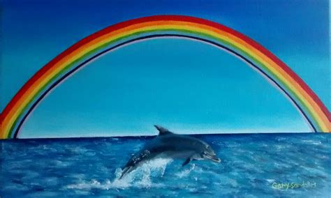 Rainbow & Dolphin seascape oil painting . 40.5/25 Golden ratio size ...