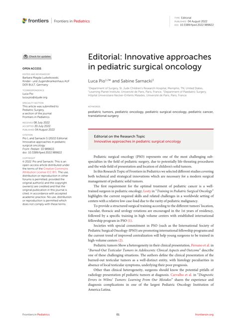 PDF Editorial Innovative Approaches In Pediatric Surgical Oncology