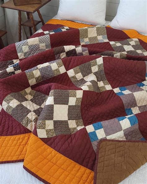 Antique Cheddar And Deep Oxblood Nine Patch Quilt In Wool And Cotton