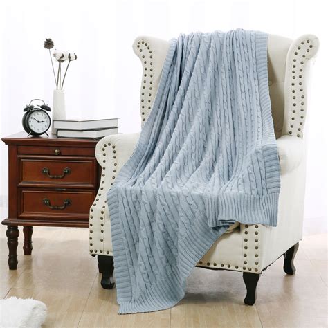 Cotton Knitted Throw Blanket Soft Warm Cable Knit Blanket Light Blue