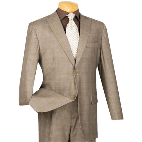 VINCI Men S Tan Glen Plaid 2 Button Classic Fit Suit W Peak Lapel