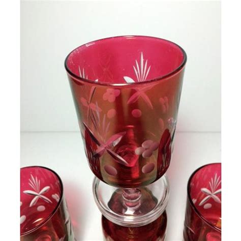 Vintage Cut To Clear Cranberry Bohemian Cordial Glasses Set Of 4 Chairish