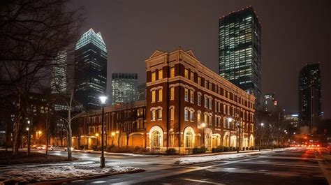 Premium AI Image | A city street at night with a building in the background