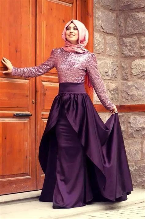 Purple Sequins Long Sleeve Muslim Evening Dresses Vestido De Festa 2017