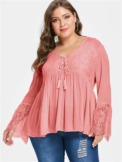 Wipalo Plus Size Lace Panel Tassels Blouse Bandage Women Blouses Casual