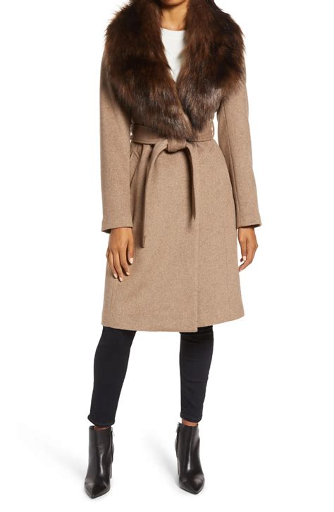 Ellen Tracy Wool Blend Wrap Coat With Removable Faux Fur Collar