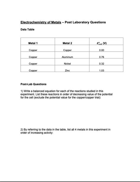 Solved Electrochemistry Of Metals Post Laboratory Questions Data Table