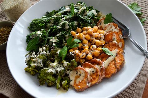 Roasted Chickpea Vegetable Bowl W Zaatar Tahini Sauce Sprouts And Chocolate