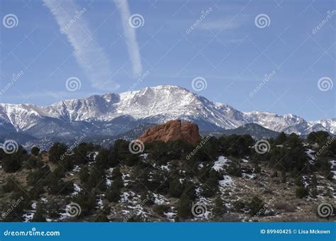 Pikes Peak With Garden Of The Gods Park In Winter Stock Image Image