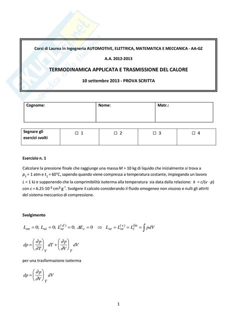 Riassunto Esame Termodinamica Prof Borchiellini Libro