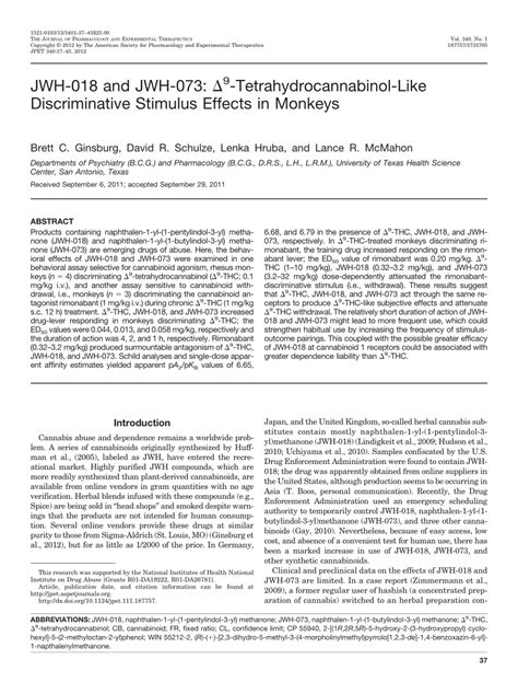 (PDF) JWH-018 and JWH-073: Delta(9)-Tetrahydrocannabinol-Like Discriminative Stimulus Effects in ...