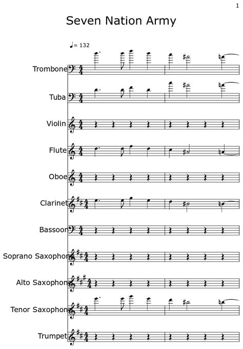 Seven Nation Army Sheet Music For Trombone Tuba Violin Flute Oboe