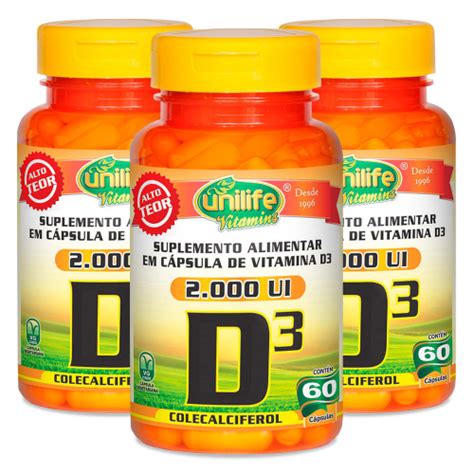 Kit 3x Vitamina D3 Colecalciferol 2 000 ui 60 Cápsulas Vegetarianas