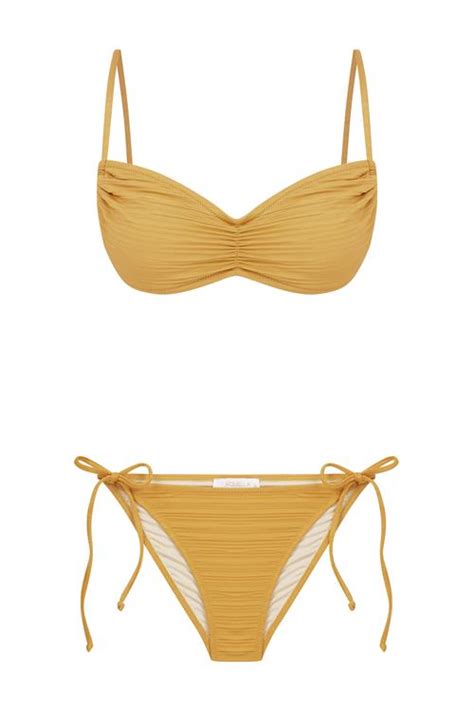 Piliseli Yanık Turuncu Büzgülü Straplez Bikini Takım