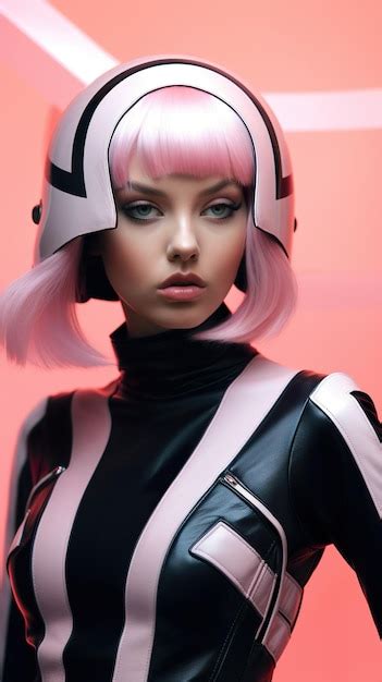 Premium Ai Image A Woman With Pink Hair Wearing A Black And White