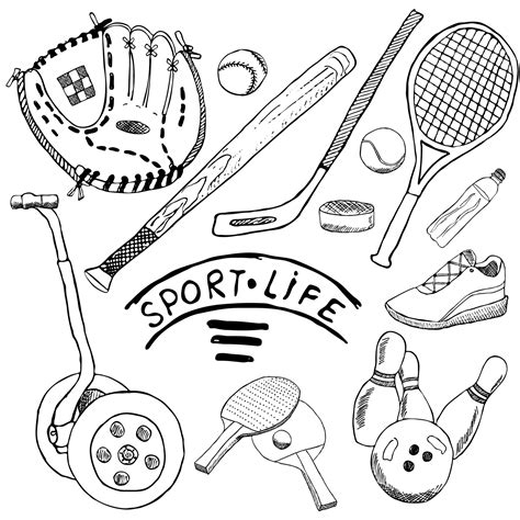 Sport Sketch Doodles Elements Hand Drawn Set With Baseball Bat And