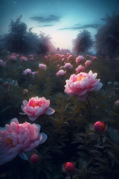 Premium Ai Image Blooming Field Of Pink Peonies At Night