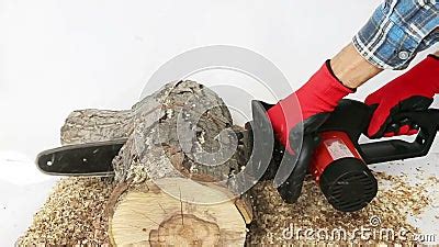 Sawing Firewood With A Chainsaw A Man In His Hand Holds A Chainsaw And