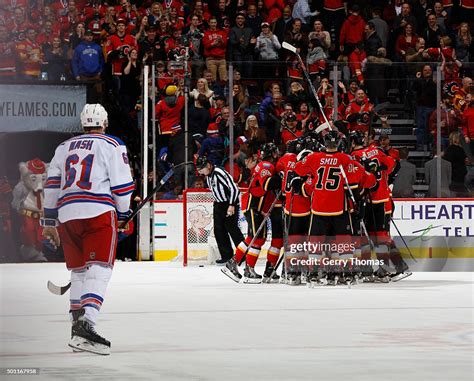 The Calgary Flames Celebrate After A Win In Ot Against The New York