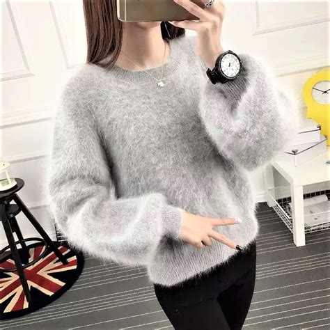 Lantern Sleeve Cashmere Pullover Sweater Faux Mink