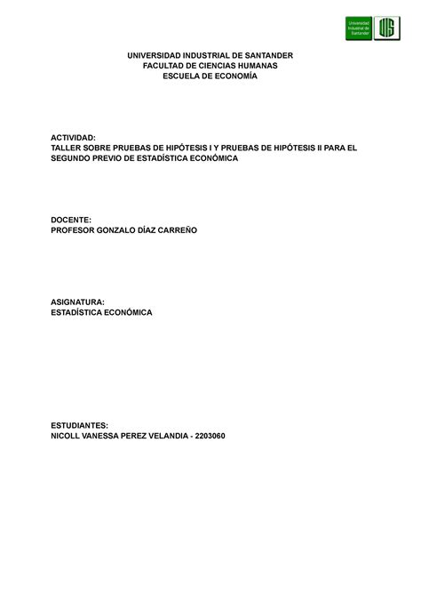 Taller Sobre Pruebas DE Hipótesis I Y Pruebas DE Hipótesis II PARA EL