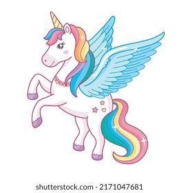 Cute Cartoon Unicorn Pegasus Rainbow Mane Stock Vector Royalty Free