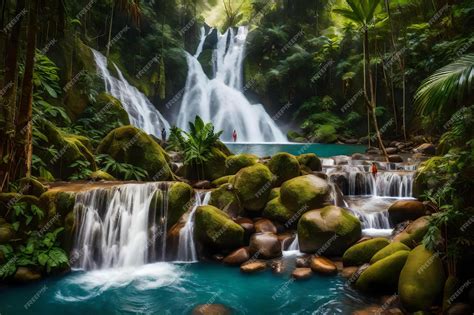 Premium AI Image | A waterfall in the jungle with a waterfall in the ...