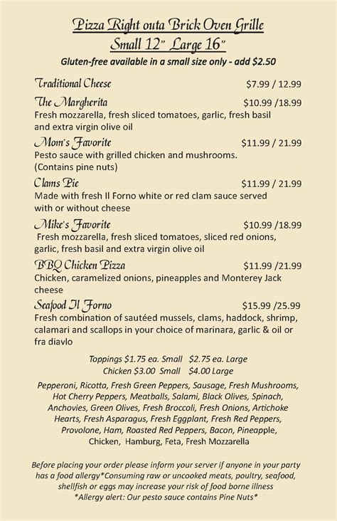 Lunch Special Menu Littleton, MA - Il Forno Restaurant & Catering