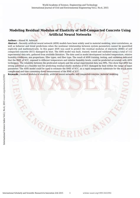 Pdf Modeling Residual Modulus Of Elasticity Of Self Compacted Concrete Using Artificial Neural