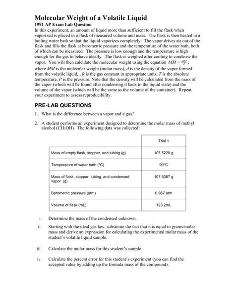 Molecular Weight Of A Volatile Liquid 1991 Ap Exam Lab Question