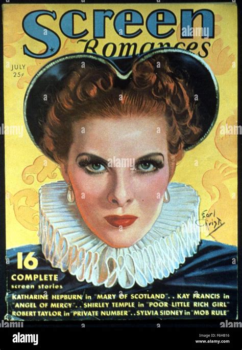 1936 Film Title Screen Romances Pictured Katharine Hepburn Magazine Cover Mary Of Scotland