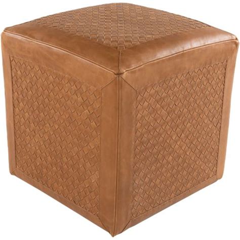 Surya Brown Leather Cube Ottoman With Woven Design