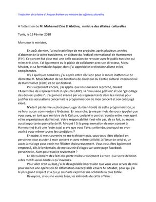 Lettre De Anouar Brahem Au Ministre De La Cult Pdf