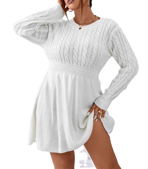 Casual Plain Round Neck Long Sleeve White Plus Size Sweater Dresses