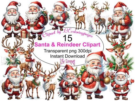 Printable Santa And His Reindeer Clipart Set Set 1 PNG Commercial Use