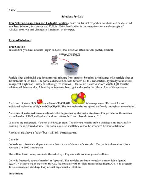 Solution, Suspension, Colloid Prelab Reading and Notes