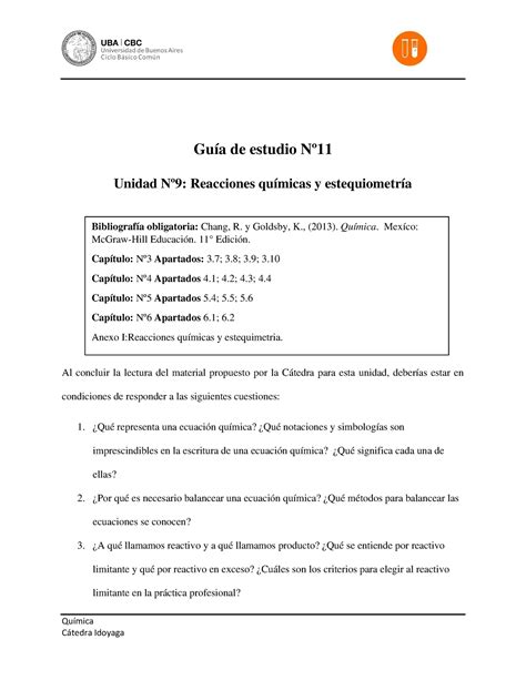 Guía de estudio Clase 11 QuÌmica Ctedra Idoyaga Guía de estudio Nº