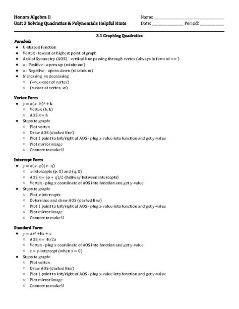 Honors Algebra II: Unit 3 Quadratics & Polynomials Overview - Honors