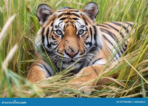 Tiger Showing Off Stripes While Laying In Tall Grass Stock Photo