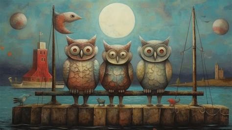 Premium Ai Image Painting Of Three Owls Sitting On A Dock With A Full