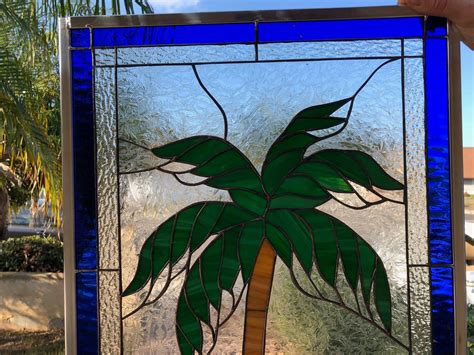 Palm Tree Stained Glass Window Panel Hangings Coastal Beach Etsy Stained Glass Window Panel