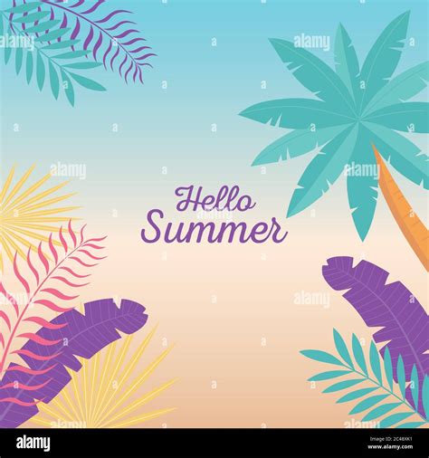 Hello Summer Tropical Tree Palm Leaves Foliage Gradient Background