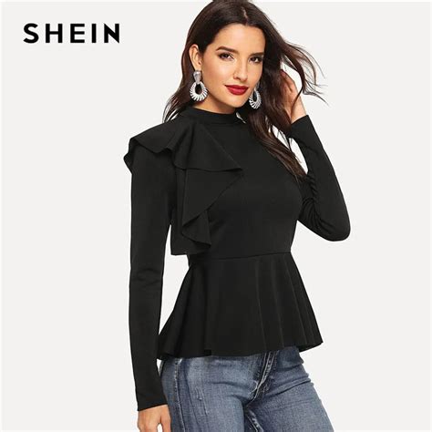 Shein Black Ruffle Trim Mock Neck Peplum Top Long Sleeve Blouse Women