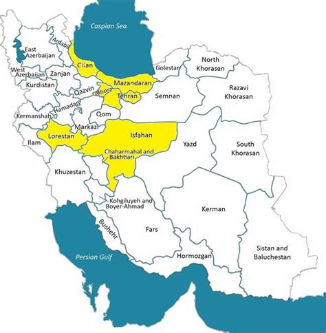 Map of Iran showing the provinces of the collection site (shown by ...