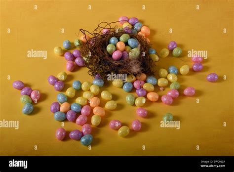 Decorative Arrangement Of Tiny Pastel Colored Easter Eggs In A Bird S