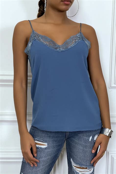 Top D Bardeur Indigo Fine Bretelles Col En Dentelle